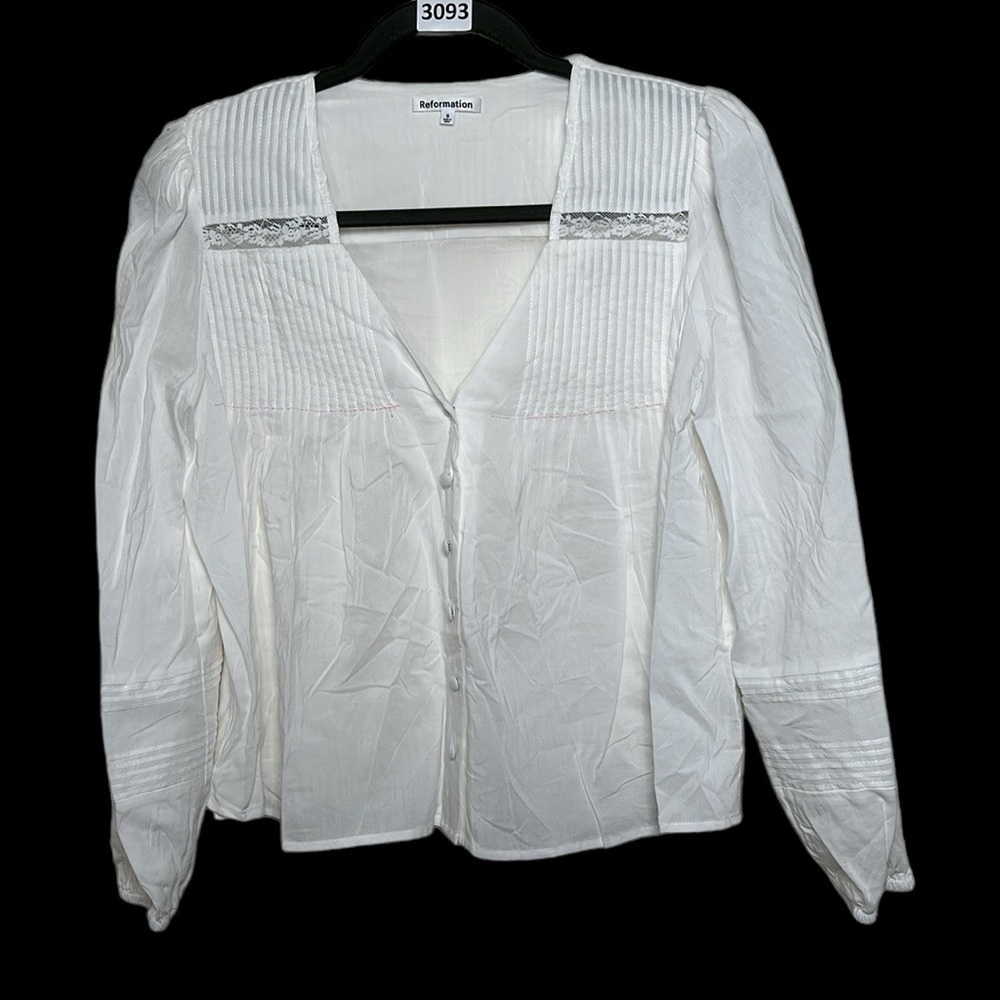 Reformation Livvy Lace Inset Organic Cotton Blend Top V Neck Button Up White S